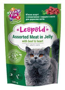 Корм для котів Асорті з яловичиною та серцем у желе Leopold, 100 г