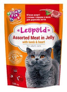 Корм для котів М'ясне асорті з ягнятком та серцем у желе Leopold, 100 г